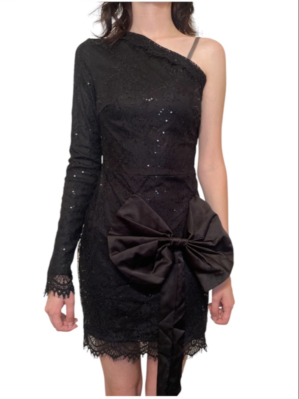 Fashion Nova Black One-Shoulder Lace Dress with Oversized Bow size small